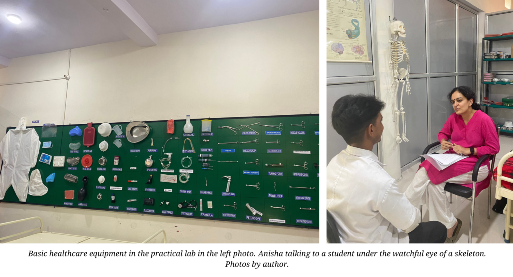 Basic healthcare equipment in the practical lab in the left photo. Anisha talking to a student under the watchful eye of a skeleton. Photos by author.